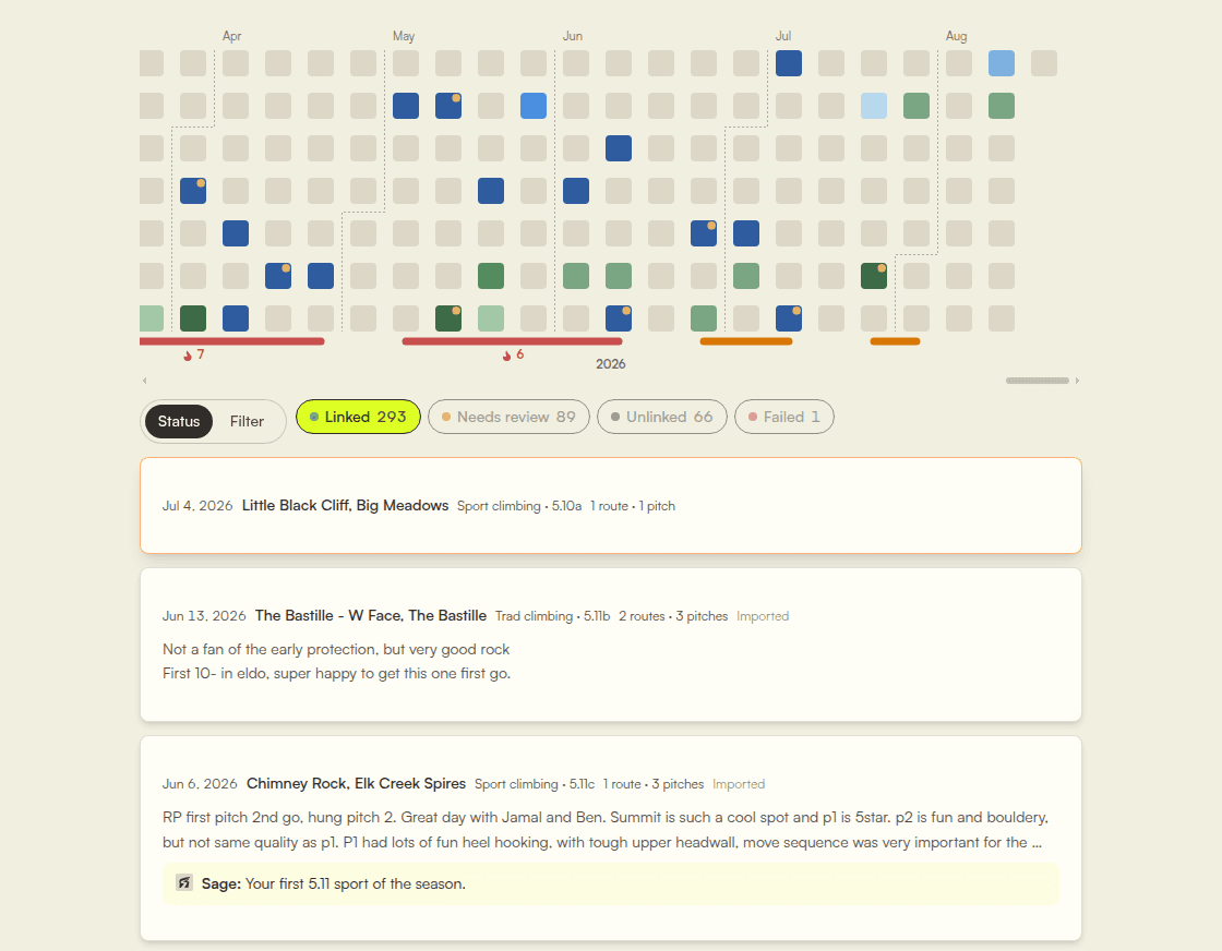 The SendSage logbook: an activity heatmap above linked sessions showing route, area, grade, and pitch details